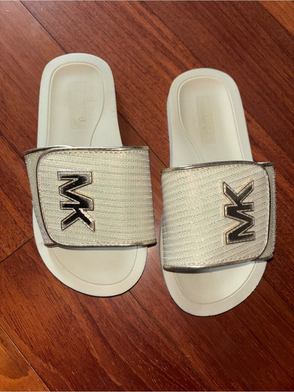 Michael Kors Kids White Slides with Gold MK Accent